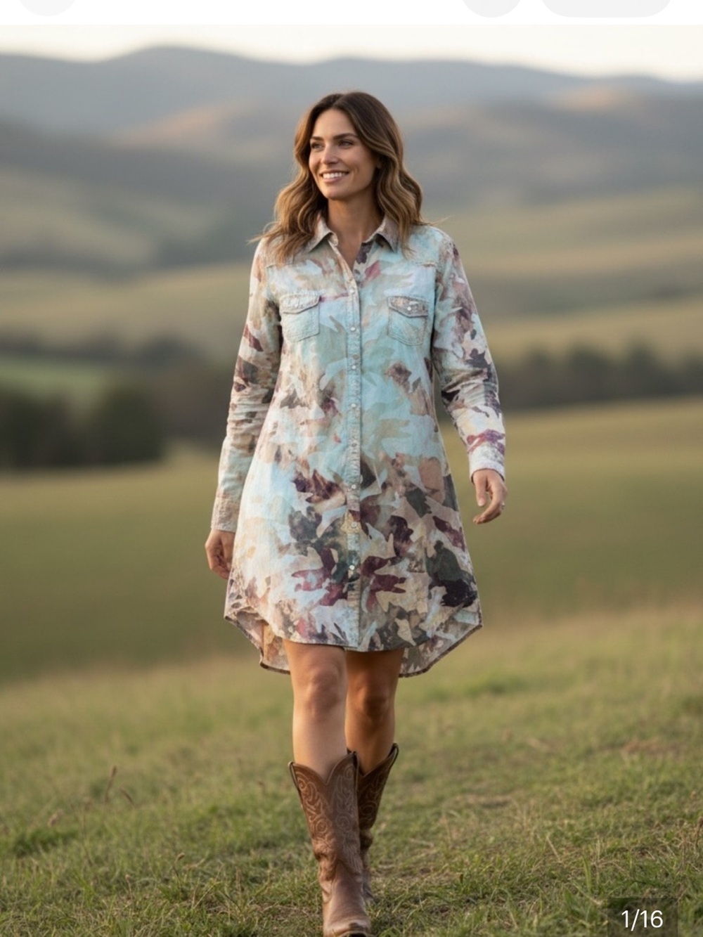 NWT A Rare Bird XL Western Shirtdress Rhinestone Pearl Snap Watercolor Camo XL